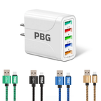 PBG 5-Port LED Wall Charger & 4 XL 10FT iPhone Charging Cables